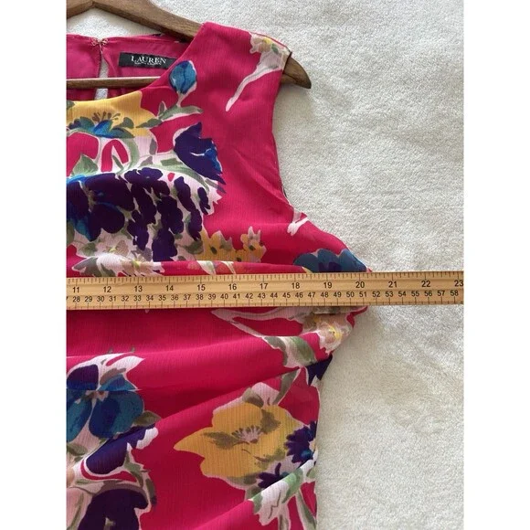 Ralph Lauren Womens 16 Pink Floral Dress Flowy Ruffle Hem Sleeveless Gerogette - Picture 9 of 14